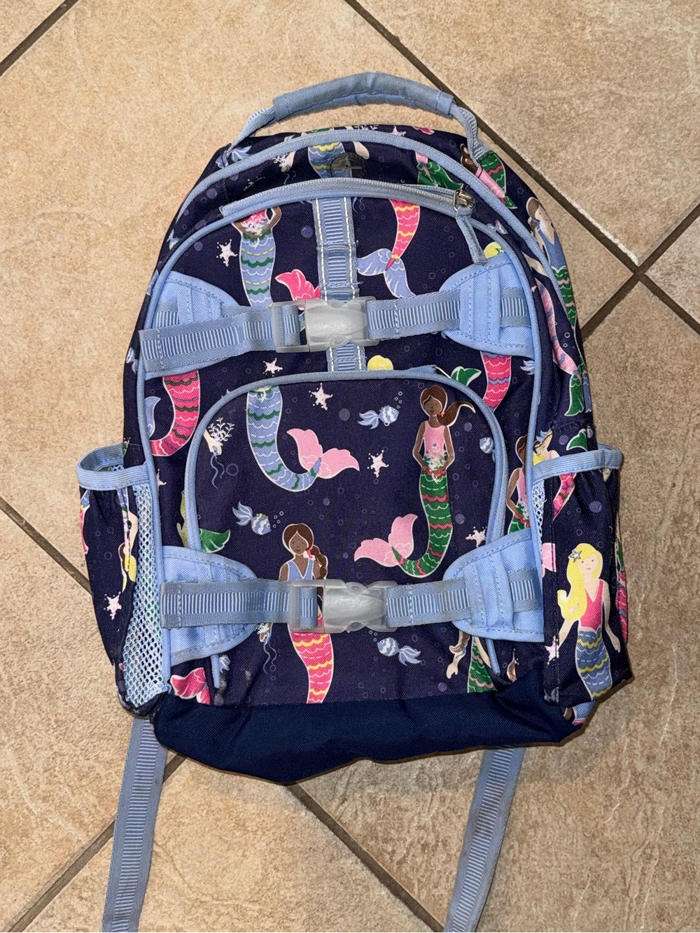 Pottery Barn Kids Mackenzie Navy & Purple Mermaid Print Small School Backpack